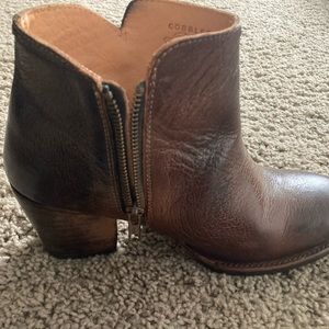 Bed Stu ankle boots.  Black and rust 2 toned boots with side zip.  Size 8
